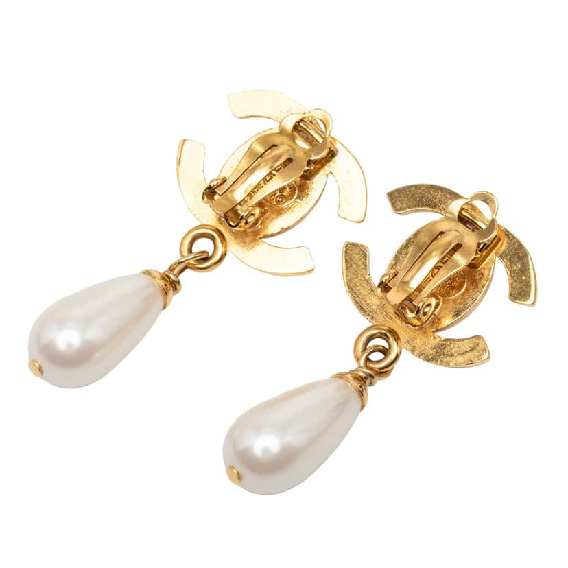 Chanel CC Gold Plated Faux Pearl Drop Turn Lock Clip On Earrings Gold Metal Very good condition - Back View