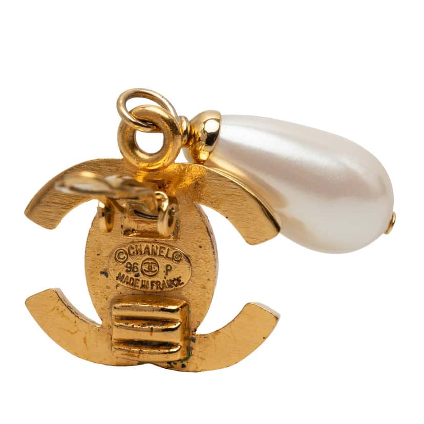 Chanel CC Gold Plated Faux Pearl Drop Turn Lock Clip On Earrings Gold Metal Very good condition - Inside View