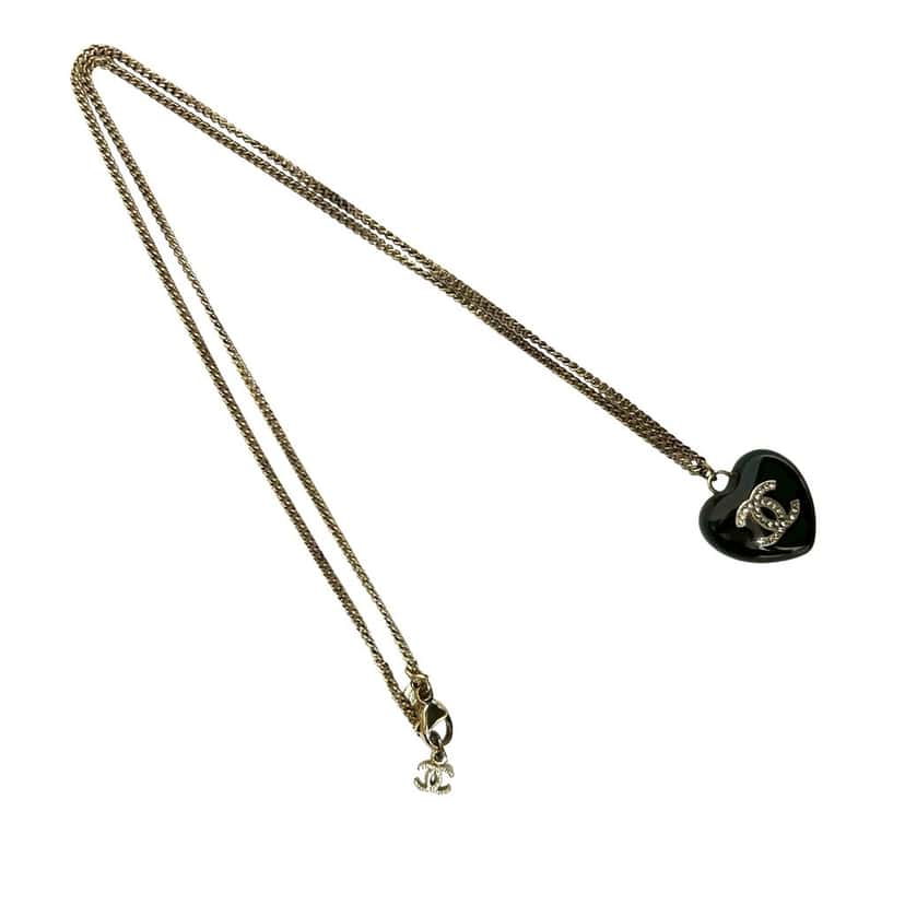 Chanel Gold Plated Resin Crystal CC Pendant Necklace Black Plastic Very good condition - Front View