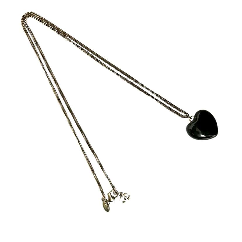 Chanel Gold Plated Resin Crystal CC Pendant Necklace Black Plastic Very good condition - Back View