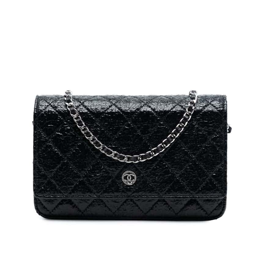 Chanel CC Quilted Crinkled Patent Wallet On Chain Black Leather Very good condition - Front View