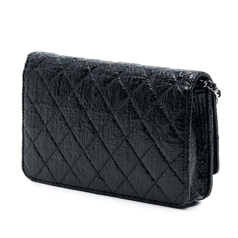 Chanel CC Quilted Crinkled Patent Wallet On Chain Black Leather Very good condition - Back View