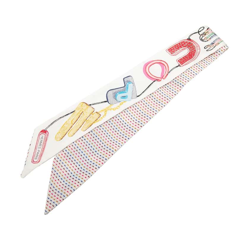 Hermès Chevaloscope Pointille Silk Twilly Scarf White Very good condition - Front View