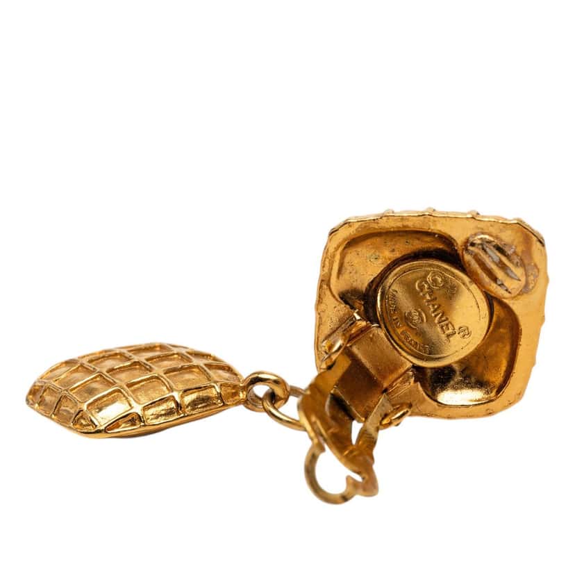 Chanel Gold Plated Quilted Diamond Shape Strass Drop Clip On Earrings Gold Metal Very good condition - Inside View