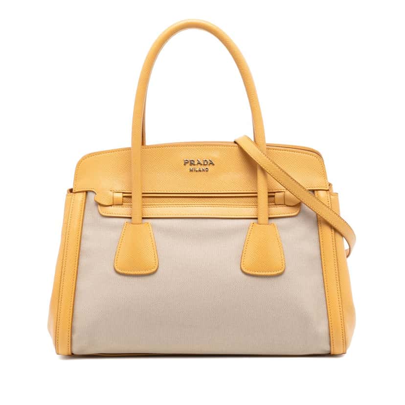 Prada Saffiano Cuir Trimmed Canapa Satchel Beige Very good condition - Front View