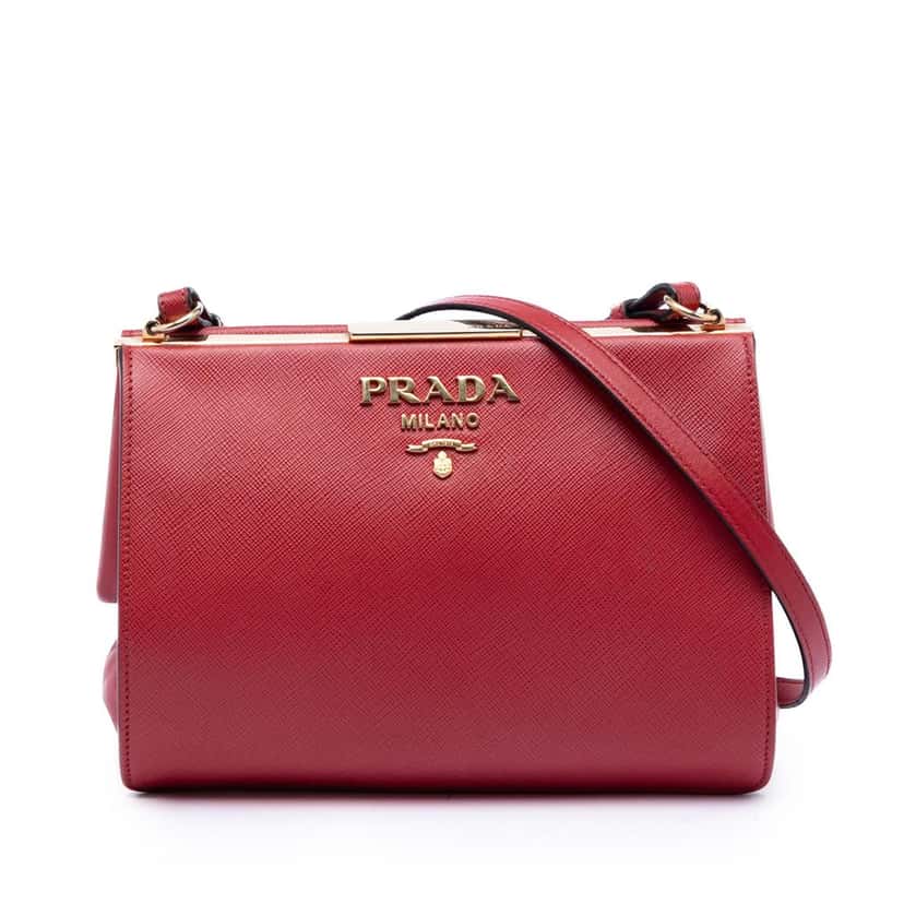 Prada Saffiano and City Calf Light Frame Crossbody Red Leather Very good condition - Front View