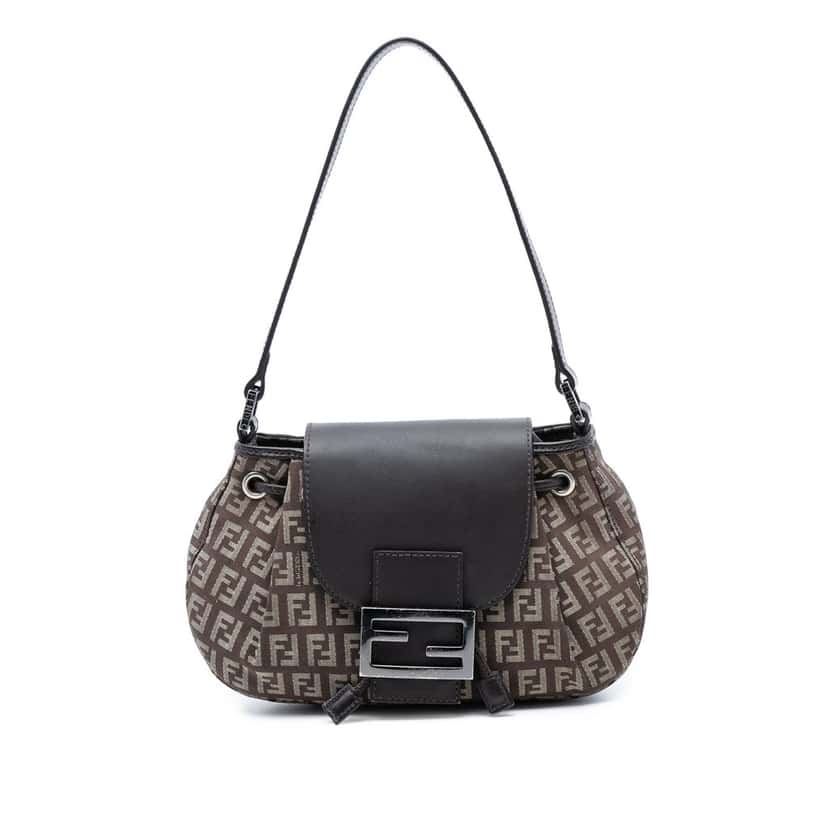 Fendi Zucchino Canvas Drawstring Shoulder Bag Brown Very good condition - Front View