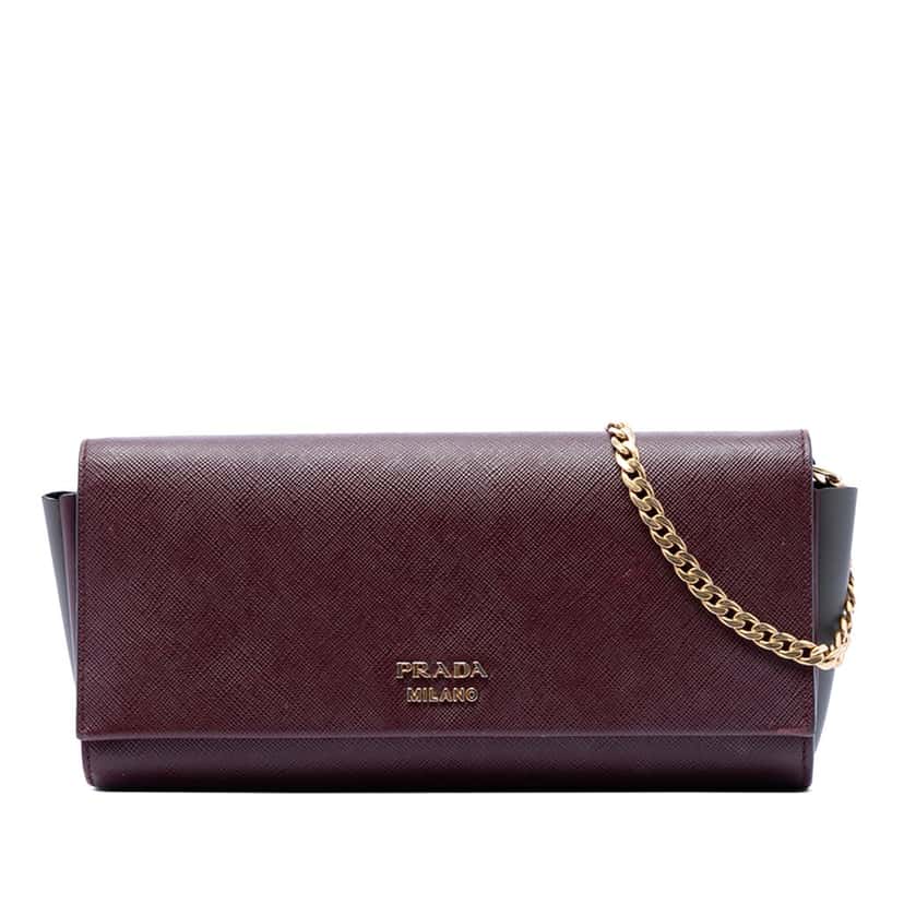Prada Saffiano and City Calf Bibliotheque Clutch with Chain Red Leather Very good condition - Front View