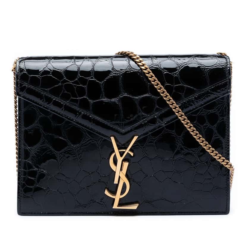 Saint Laurent Shiny Croc Embossed Calfskin Monogram Cassandra Chain Wallet Black Leather Very good condition - Front View