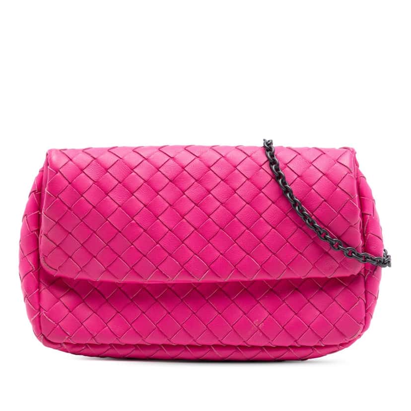 Bottega Veneta Mini Nappa Intrecciato Expandable Chain Flap Crossbody Pink Leather Very good condition - Front View