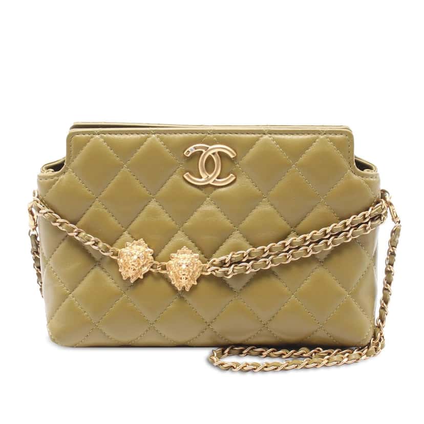 Chanel Quilted Lambskin Leo Shoulder Bag Green Leather Very good condition - Front View