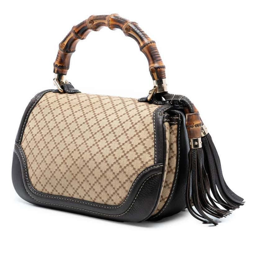 Gucci Medium Diamante Canvas New Bamboo Satchel Beige Very good condition - Back View