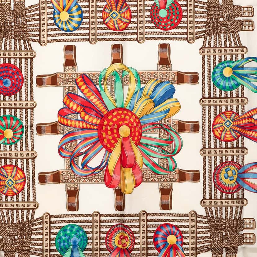 Hermès Les Rubans du Cheval Silk Scarf 90 White Very good condition - Back View