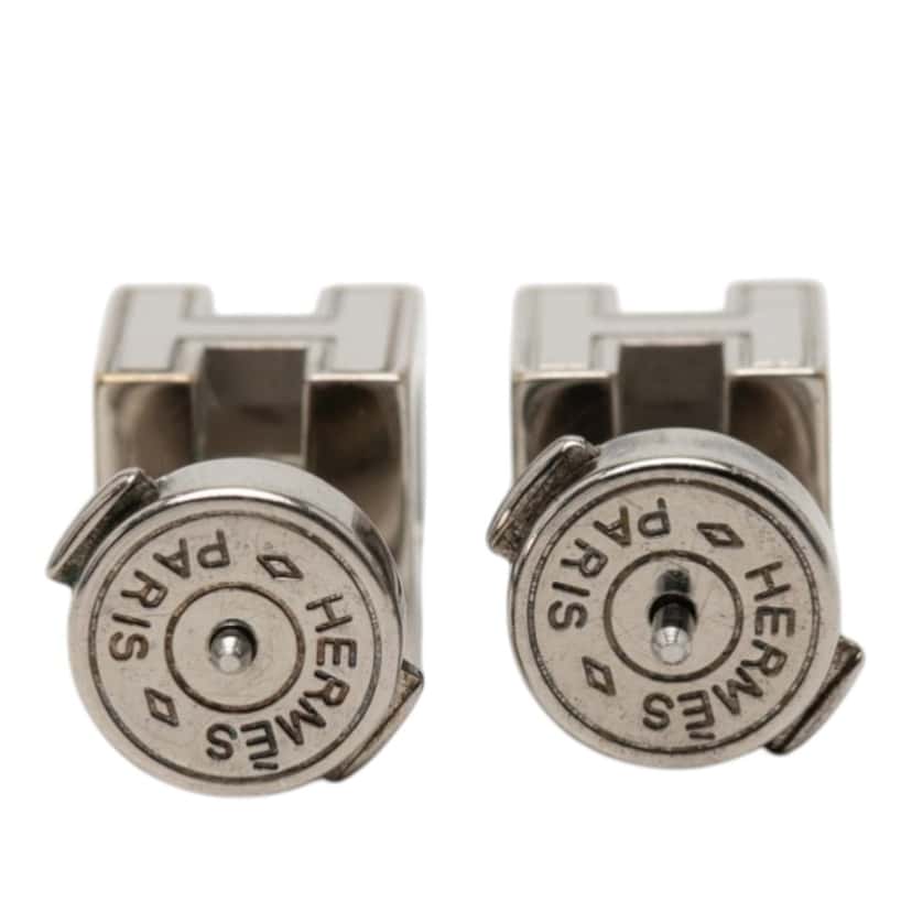 Hermès Palladium Plated Enamel Cage dH Cube Push Back Earrings Pink Metal Very good condition - Back View