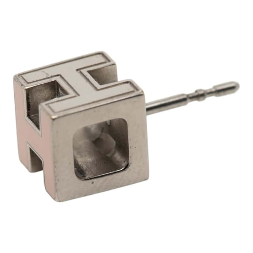 Hermès Palladium Plated Enamel Cage dH Cube Push Back Earrings Pink Metal Very good condition - Box View