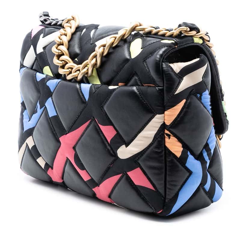 Chanel Medium Lambskin and Printed Silk Fixation 19 Flap Black Leather Very good condition - Back View
