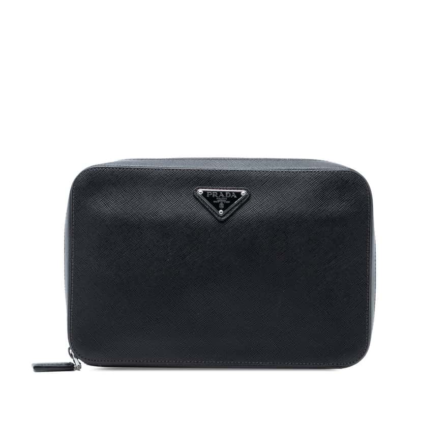 Prada Saffiano Clutch Black Leather Very good condition - Front View