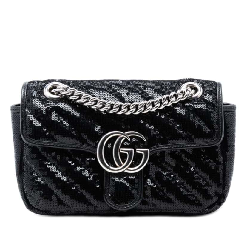 Gucci Small GG Marmont Matelasse Diagonal Sequin and Leather Torchon Shoulder Bag Black Very good condition - Front View
