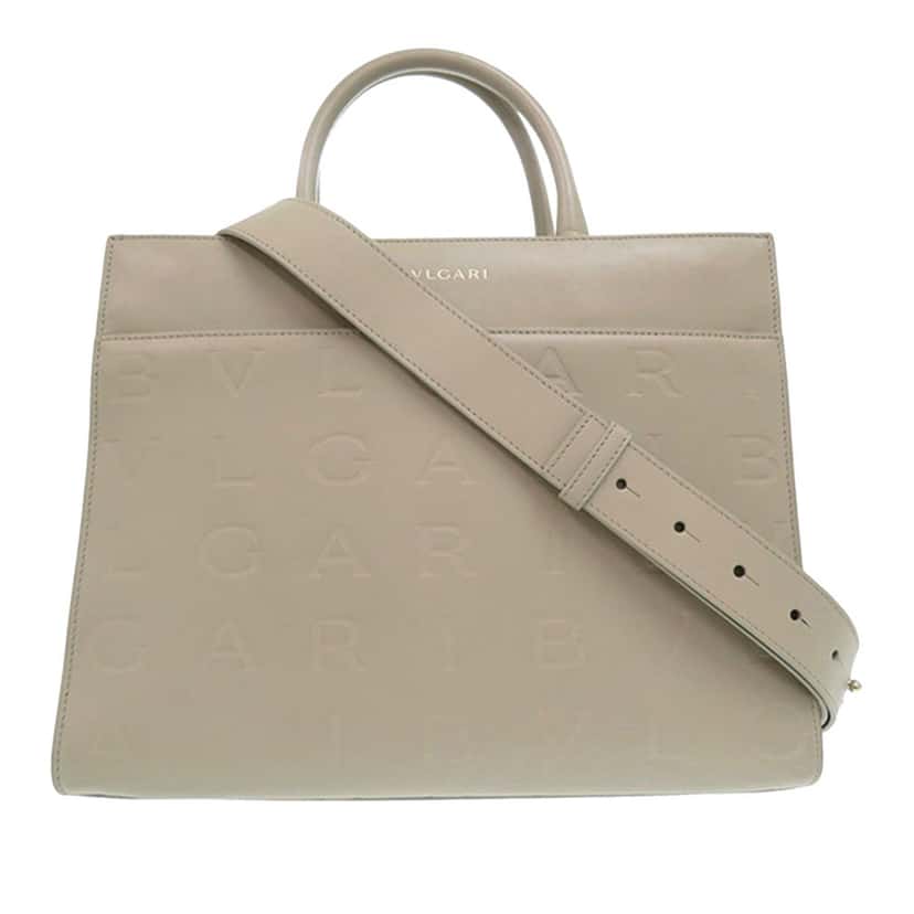 Bvlgari Embossed Leather Logo Infinitum Tote Beige Leather Very good condition - Front View
