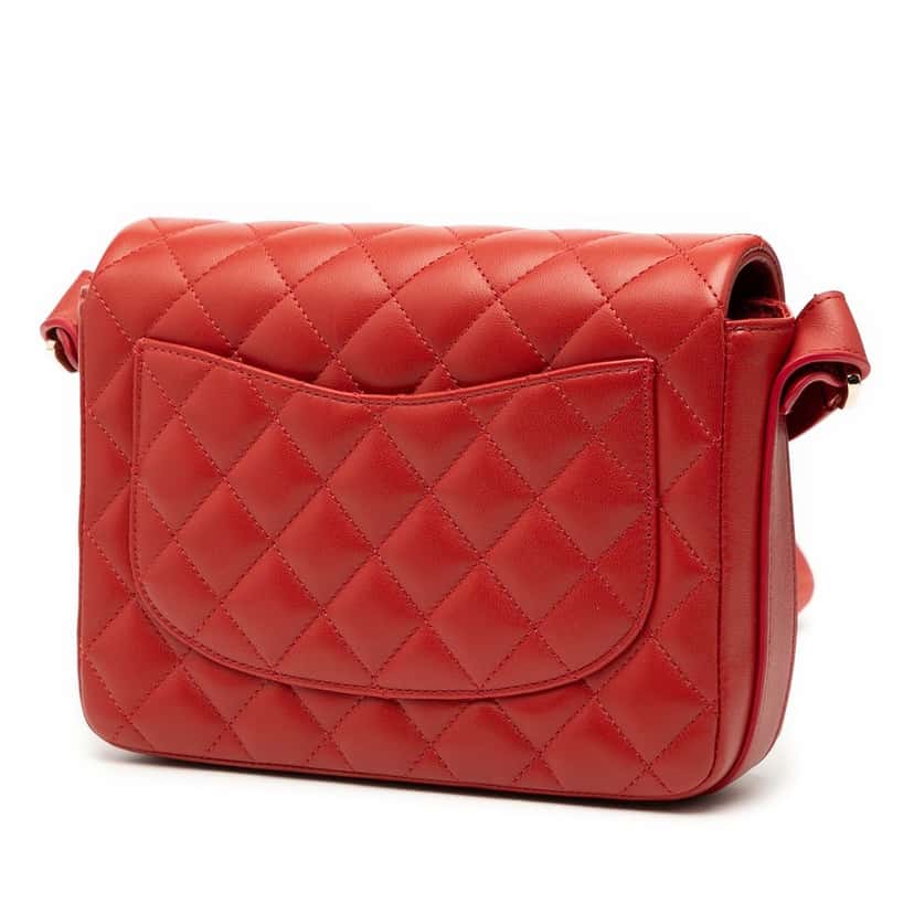 Chanel CC Quilted Calfskin Ruffle Strap Flap Red Leather Very good condition - Back View