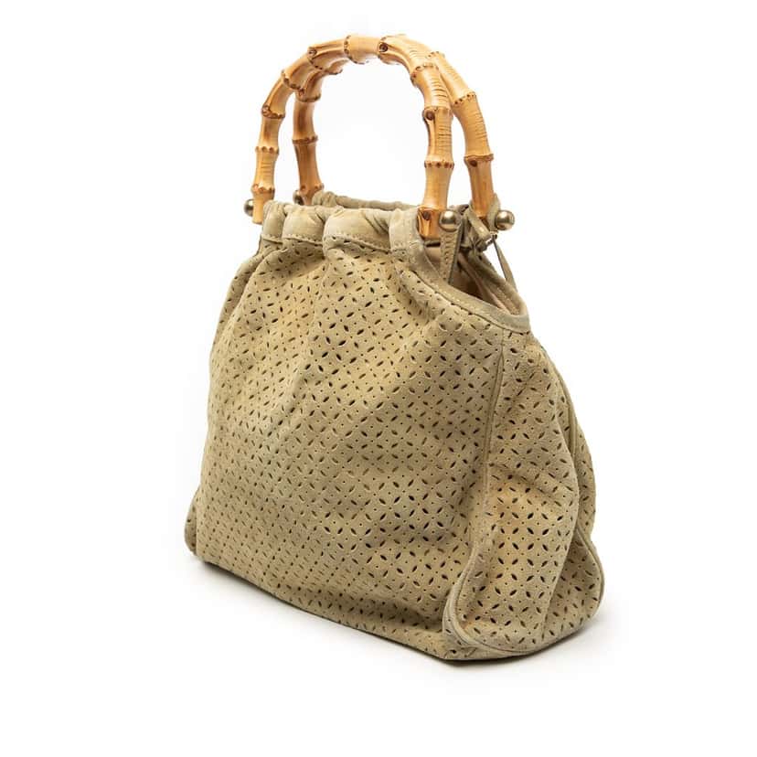 Miu Miu Laser Cut Suede Bamboo Top Handle Bag Beige Leather Very good condition - Back View