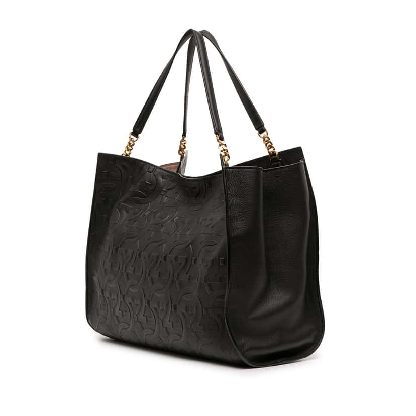 Ferragamo Gancini Embossed Calfskin Trifolio Tote Black Leather Good condition - Back View