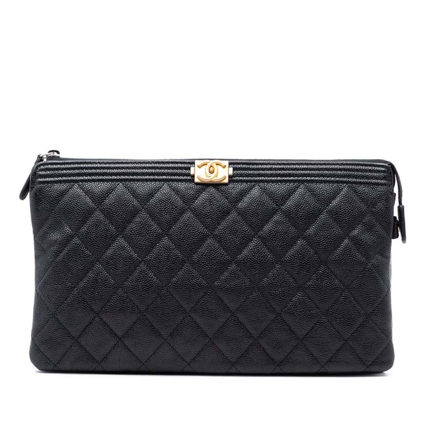 Chanel Quilted Caviar Boy O Case Zip Clutch Black Leather Very good condition - Front View