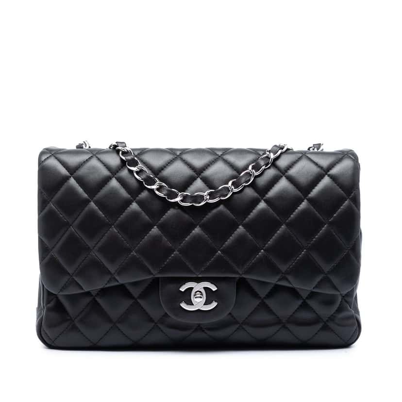 Chanel Jumbo Classic Lambskin Single Flap Black Leather Very good condition - Front View
