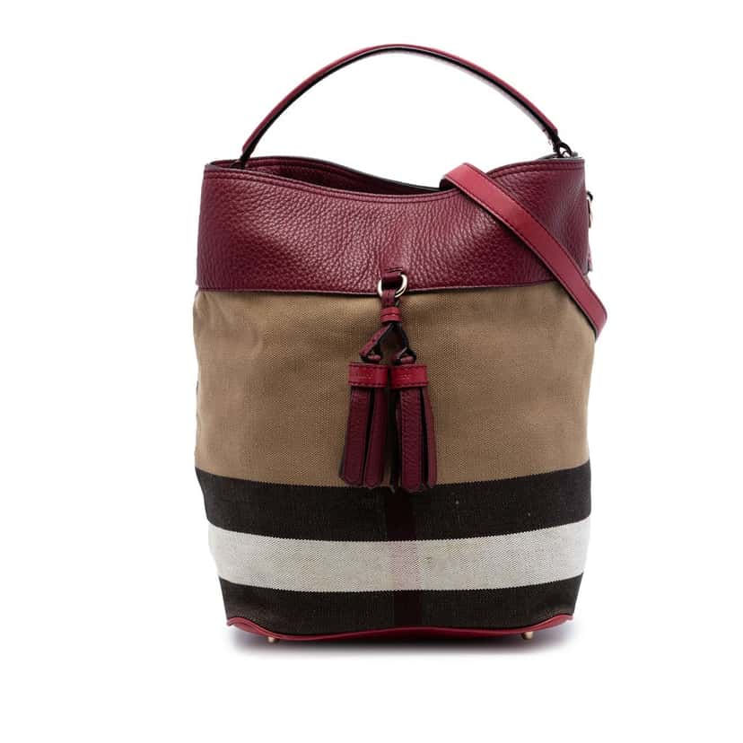 Burberry Medium Mega Check Canvas and Grained Calfskin Ashby Tassel Bucket Bag Brown Very good condition - Front View