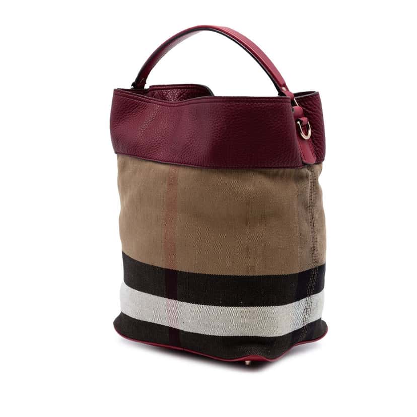 Burberry Medium Mega Check Canvas and Grained Calfskin Ashby Tassel Bucket Bag Brown Very good condition - Back View