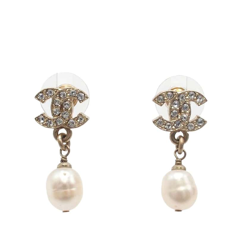 Chanel CC Gold Plated Crystal and Faux Pearl Push Back Earrings Gold Metal Very good condition - Front View