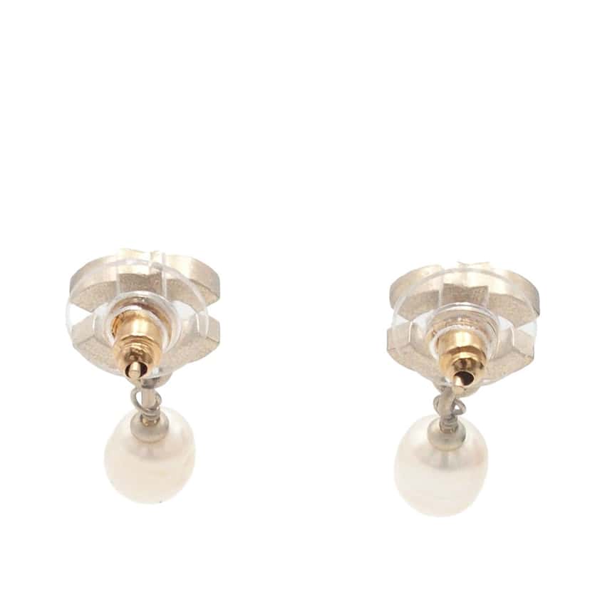 Chanel CC Gold Plated Crystal and Faux Pearl Push Back Earrings Gold Metal Very good condition - Back View