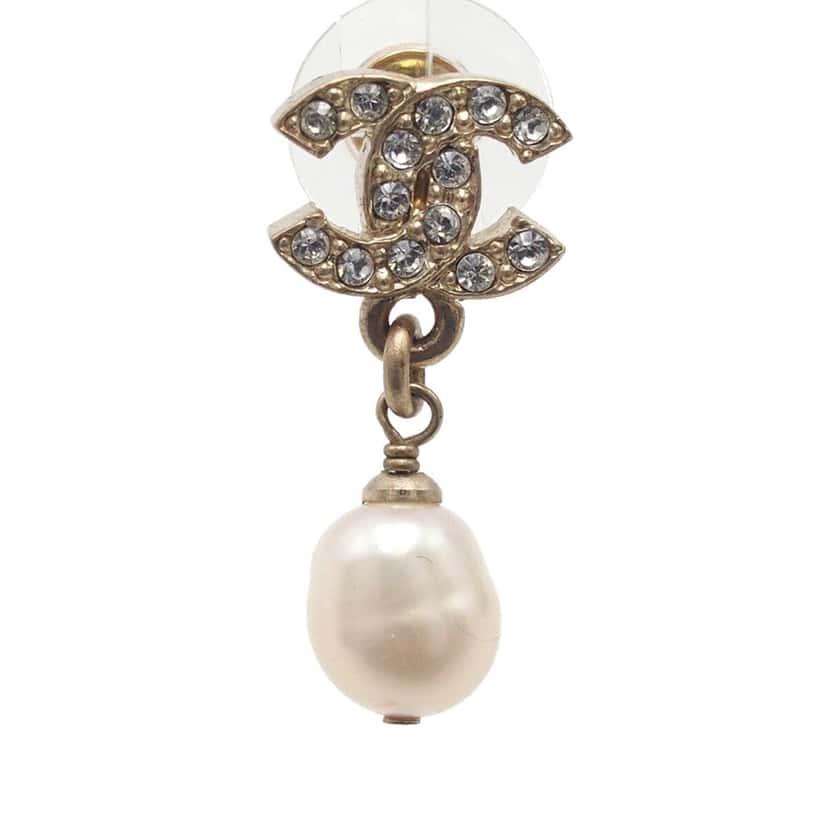Chanel CC Gold Plated Crystal and Faux Pearl Push Back Earrings Gold Metal Very good condition - Inside View