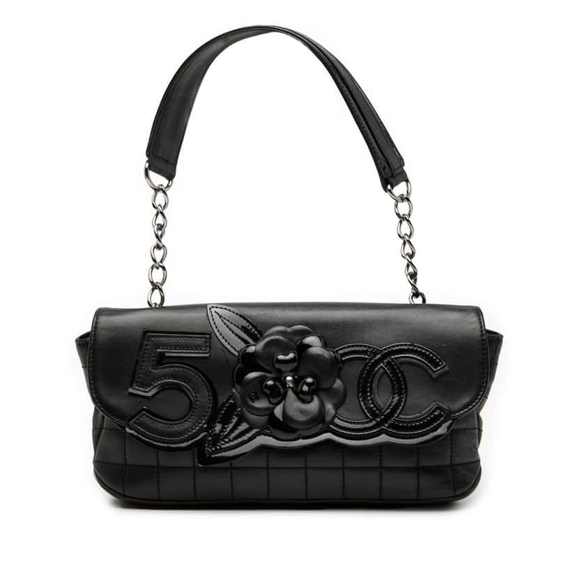 Chanel Camellia CC Choco Bar No 5 Lambskin Shoulder Bag Black Leather Very good condition - Front View