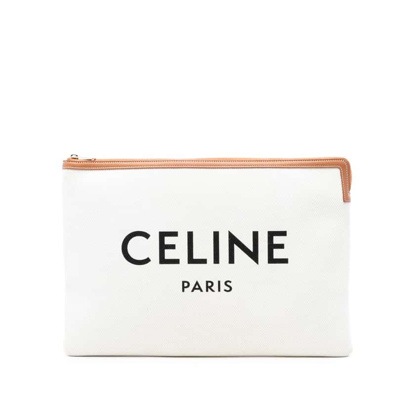 Celine Large Canvas Logo Clutch White Very good condition - Front View