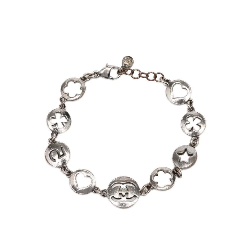 Chanel CC Plated No. 5 Cutout Charms Chain Bracelet Silver Metal Very good condition - Front View