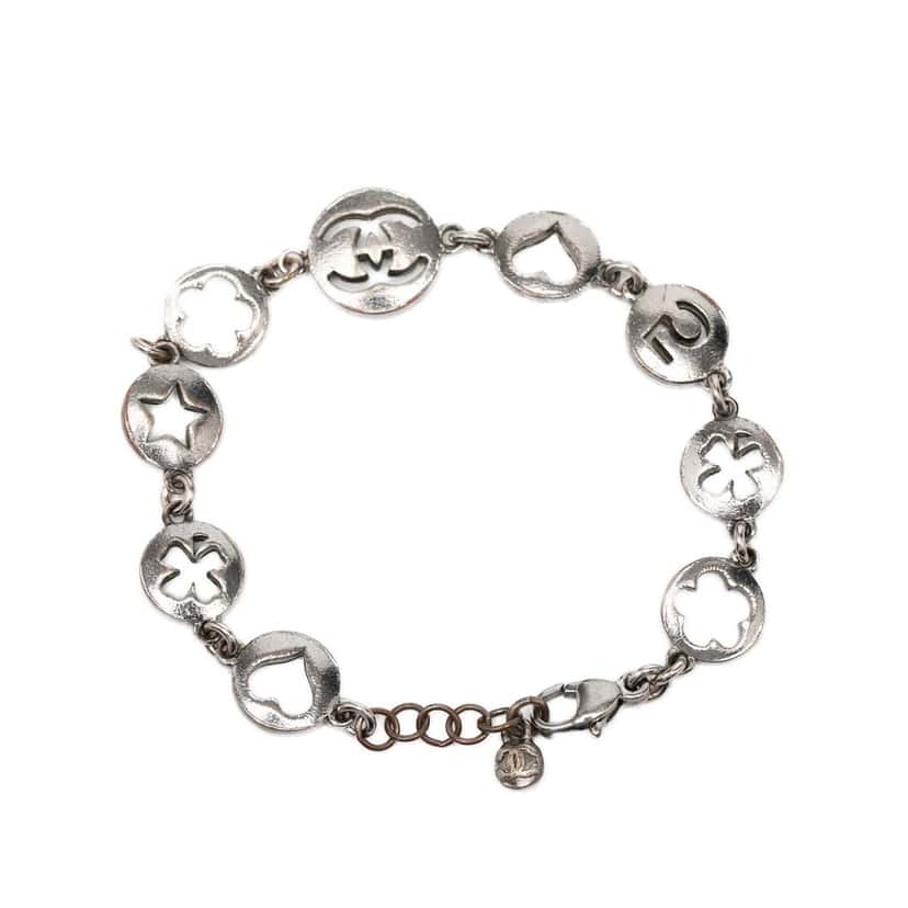 Chanel CC Plated No. 5 Cutout Charms Chain Bracelet Silver Metal Very good condition - Inside View