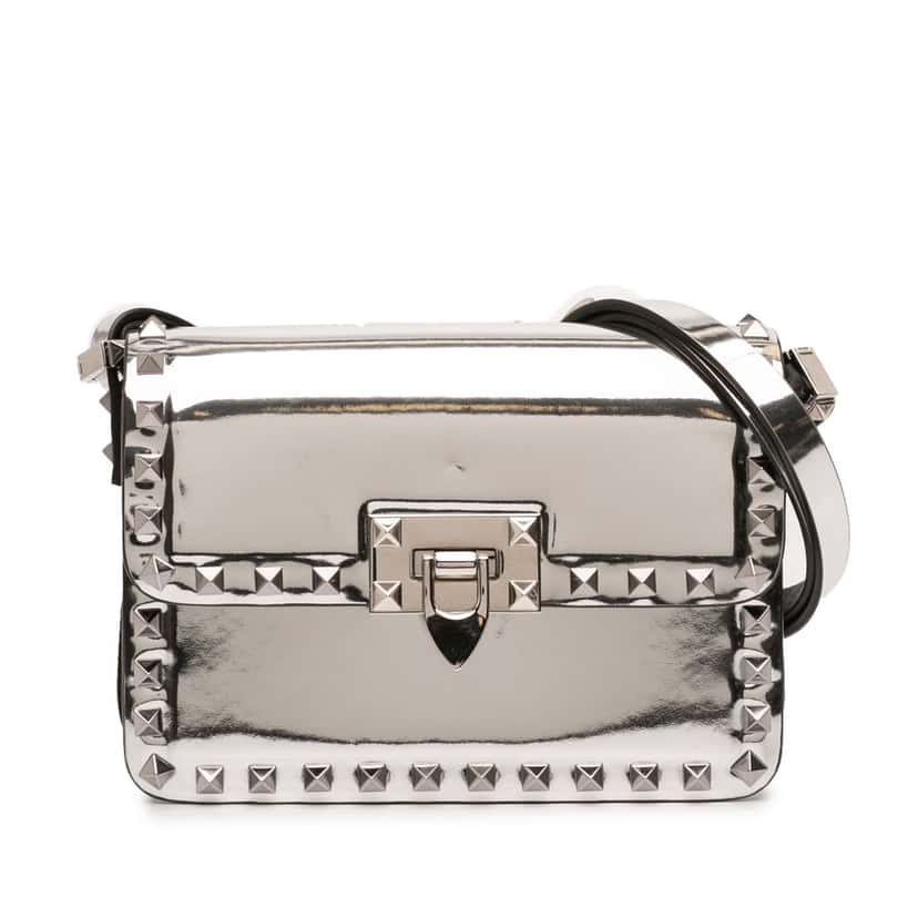 Valentino Small Mirror Calfskin Rockstud23 Shoulder Bag Silver Leather Very good condition - Front View