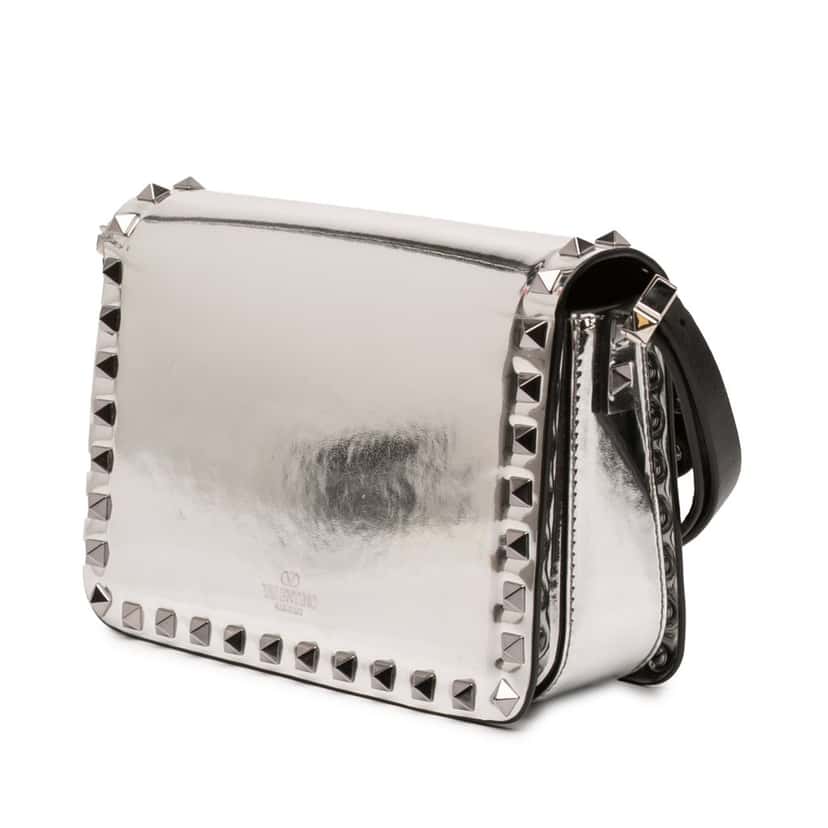 Valentino Small Mirror Calfskin Rockstud23 Shoulder Bag Silver Leather Very good condition - Back View