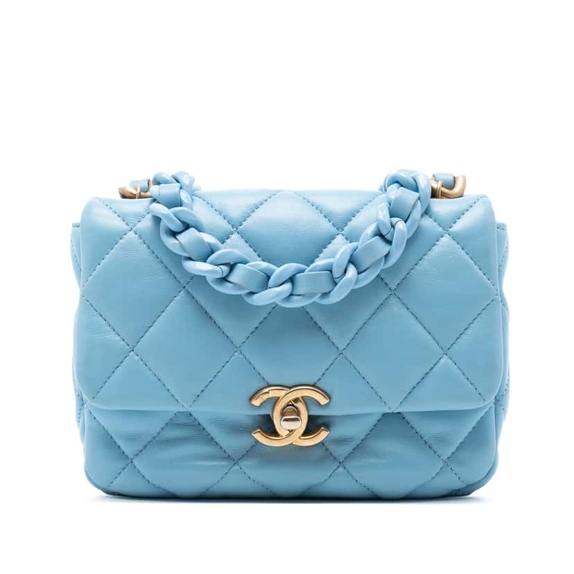 Chanel Mini Quilted Lambskin Lacquered Chain Flap Blue Leather Very good condition - Front View