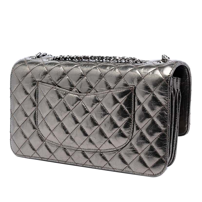 Chanel Medium Metallic Crackled Calfskin Clams Pocket Flap Silver Leather Very good condition - Back View