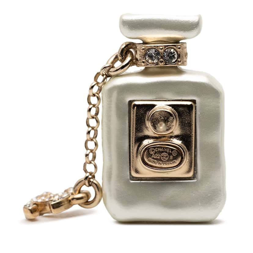 Chanel CC Resin Gold Plated Rhinestone No. 5 Perfume Bottle Brooch White Plastic Very good condition - Front View