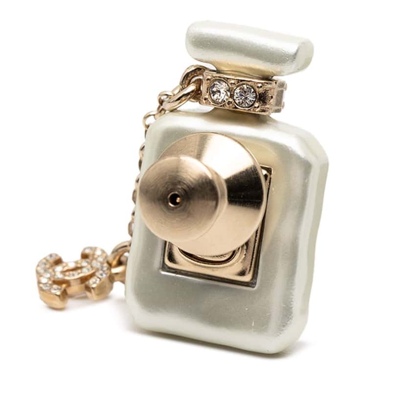 Chanel CC Resin Gold Plated Rhinestone No. 5 Perfume Bottle Brooch White Plastic Very good condition - Back View