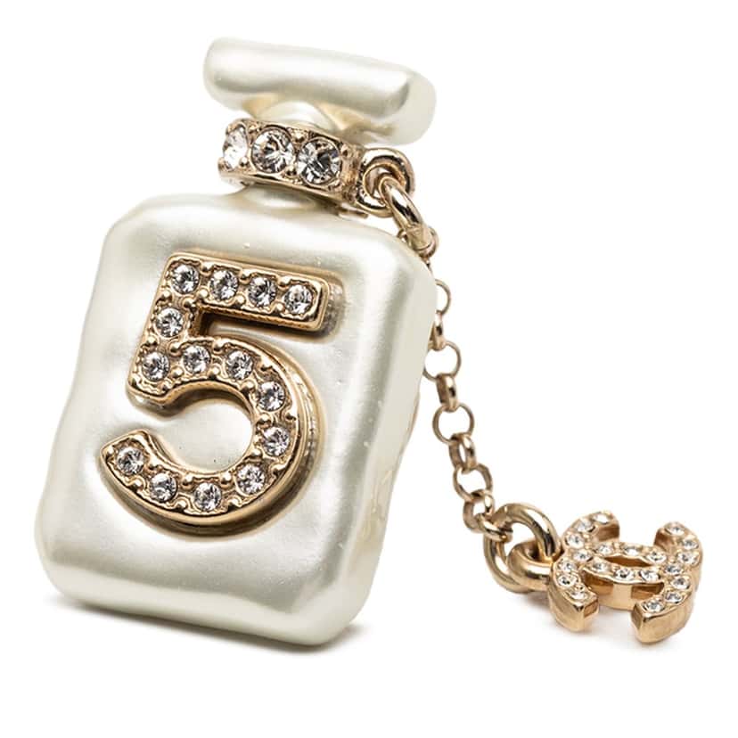 Chanel CC Resin Gold Plated Rhinestone No. 5 Perfume Bottle Brooch White Plastic Very good condition - Inside View