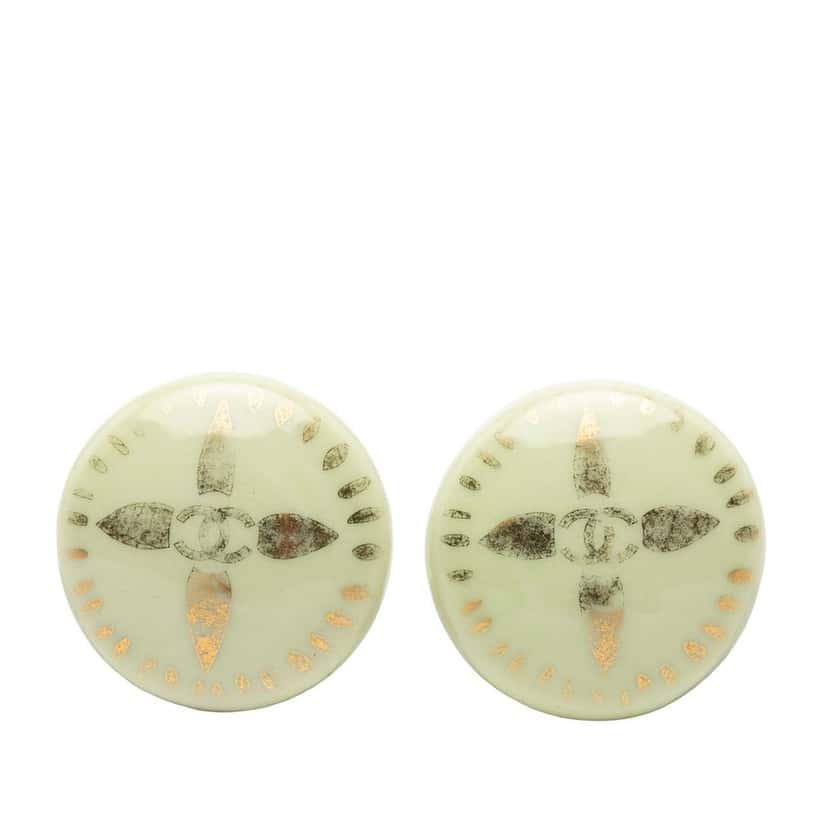 Chanel CC Resin and Gold Plated Round Clip on Earrings Green Plastic Very good condition - Front View