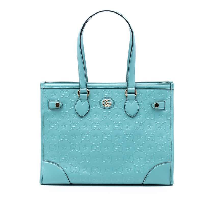 Gucci GG Star Embossed Leather Tote Blue Leather Very good condition - Front View