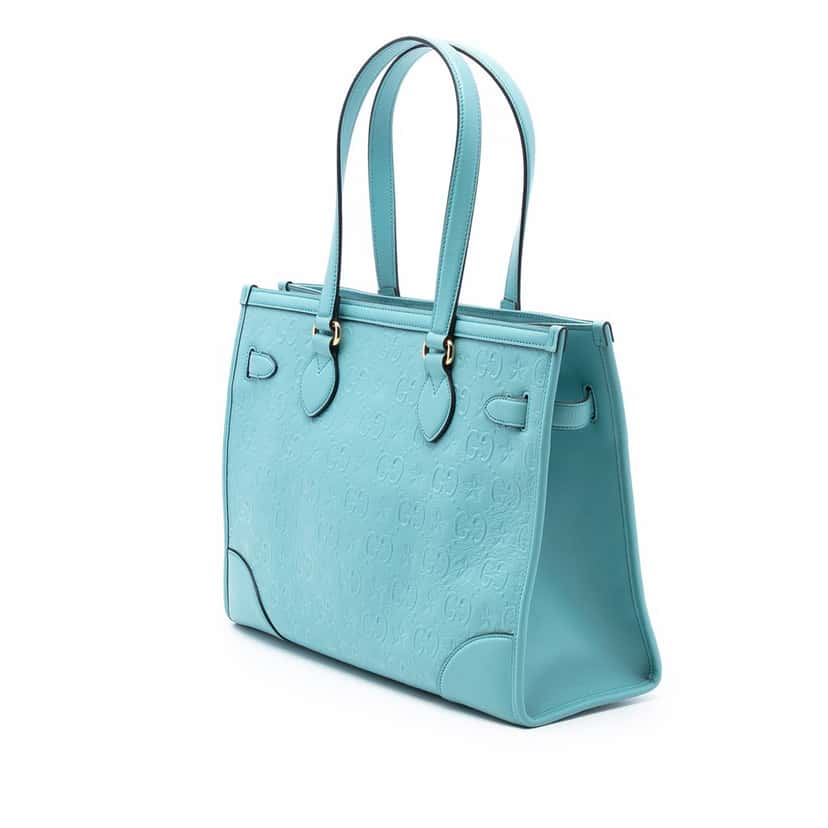 Gucci GG Star Embossed Leather Tote Blue Leather Very good condition - Back View