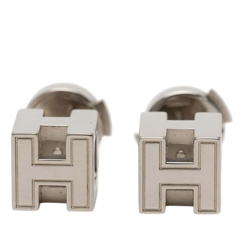 Hermès Palladium Plated Cage dH Cube Push Back Earrings Silver Metal Very good condition - Front View