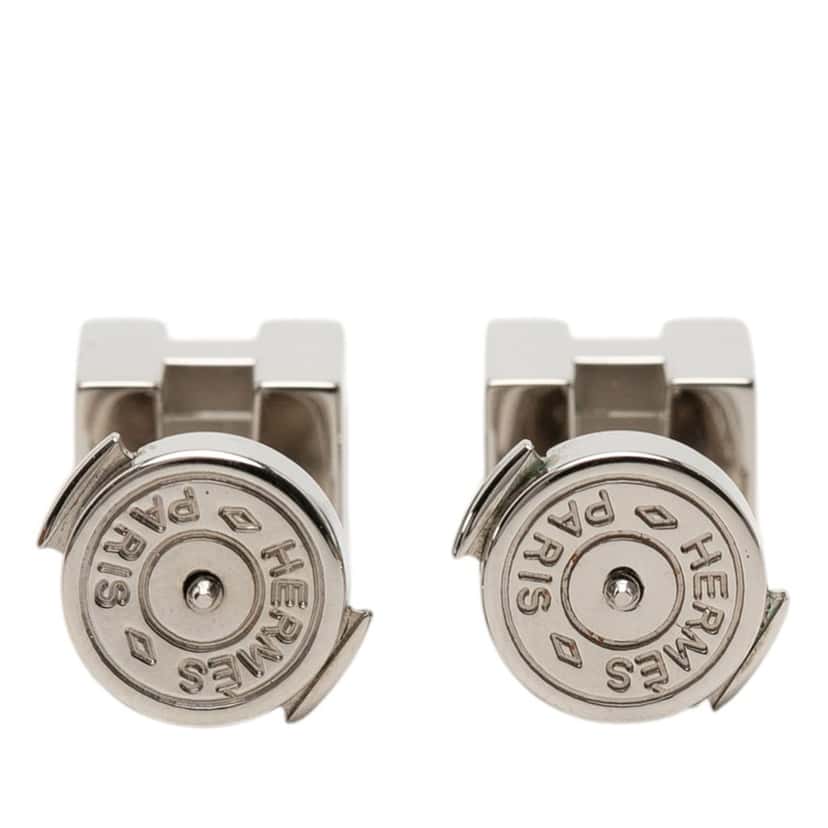 Hermès Palladium Plated Cage dH Cube Push Back Earrings Silver Metal Very good condition - Back View