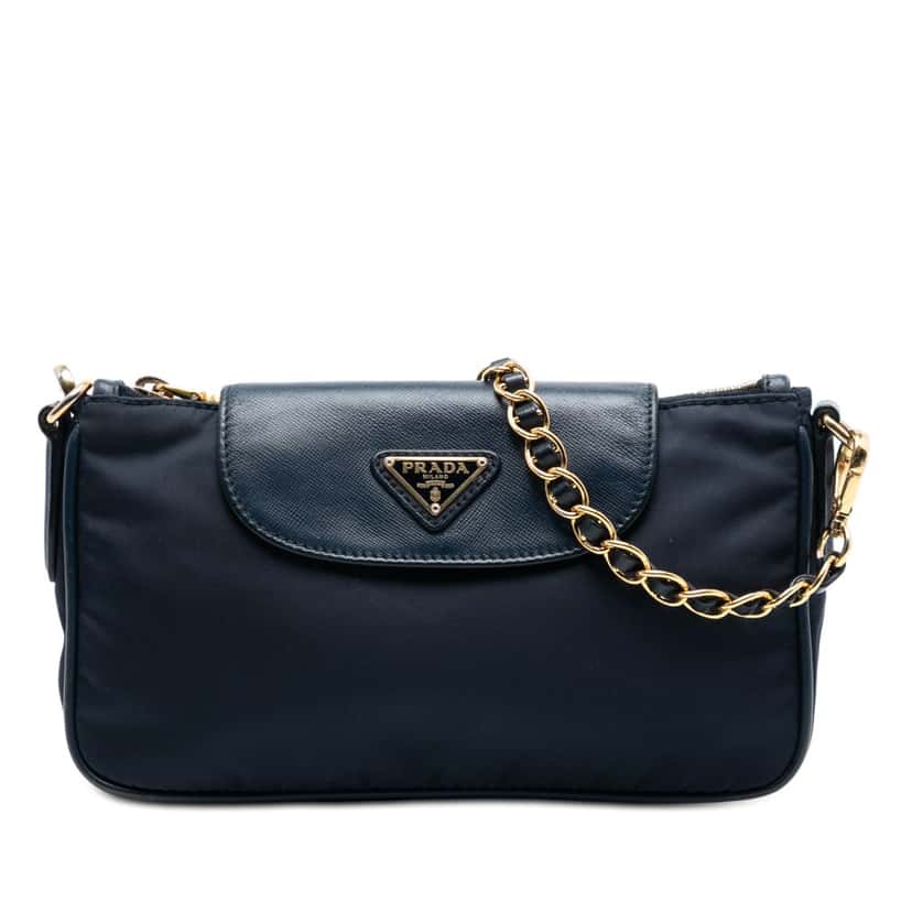 Prada Saffiano Trimmed Tessuto Chain Crossbody Blue Very good condition - Front View